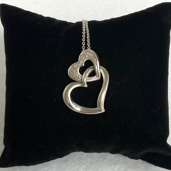 Sterling Silver 925 HOB Double Open Heart Pave Diamond Necklace 19.5" Chain - Picture 3 of 16